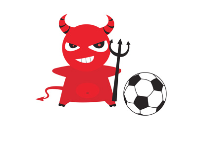 The Manchester United red devil next to a football. Cartoon.