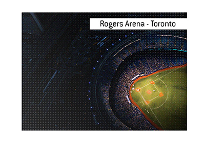 The home of the Toronto Blue Jays - The Rogers Arena in Toronto. Arial view at night.