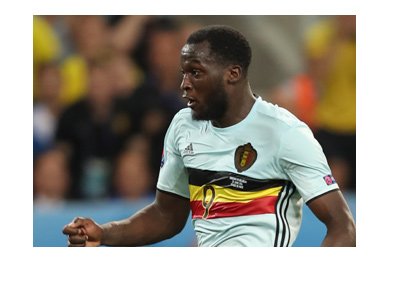 Romelu Lukaku in action for the Belgium national team.  Wearing the white kit.