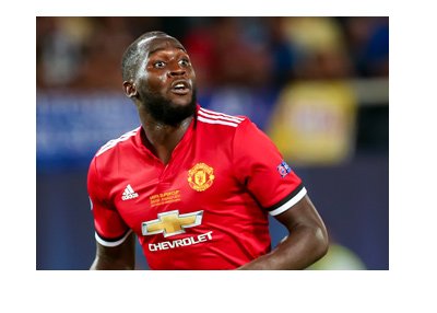 Romelu Lukaku in action for Manchester United. Wearing the hot red home kit. The year is 2017.