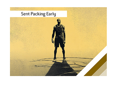 Basketball player standing alone at center court in a minimalist vintage poster style.