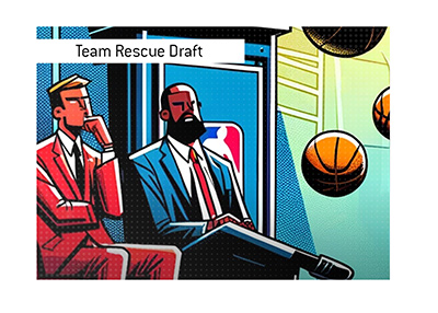 Team Rescue Draft - Illustration of a NBA Draft meeting, with ex-ballers wearing suits.