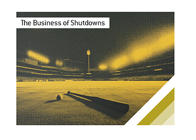 Stylized poster of an empty baseball field with bat and ball left unused, symbolizing MLB strikes and lockouts.