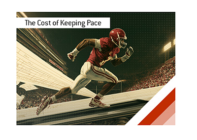 College football player running on a treadmill made from financial ledgers inside a packed stadium.