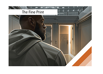 Editorial illustration of LeBron James standing before two illuminated doorways in a stadium tunnel.