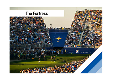 Illustration of packed Ryder Cup grandstands towering over golfers on the first tee at Marco Simone.