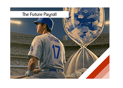 Shohei Ohtani in his number 17 Dodgers uniform beside an hourglass filled with deferred contract payments.