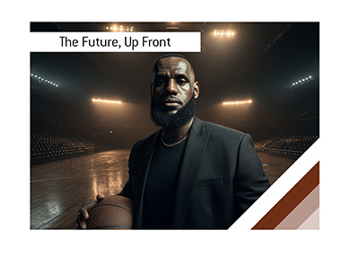 LeBron James in a black suit holding a basketball on an empty arena court.
