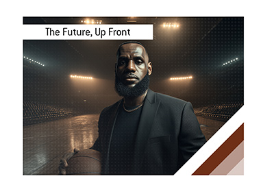 LeBron James in a black suit holding a basketball on an empty arena court.