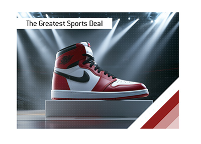 Iconic red and white Nike Air Jordan basketball sneaker displayed on pedestal under arena spotlights.