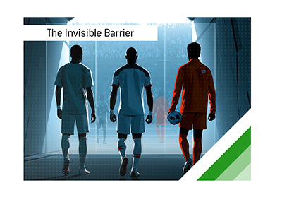 Illustrated football players representing Mexico, the United States, and Canada stand in a World Cup stadium tunnel, stopped by an invisible glass barrier.