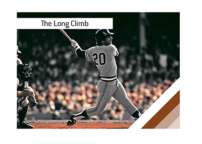 Illustration of Bucky Dent, wearing Yankees number 20, following through on his home-run swing at Fenway Park in 1978.