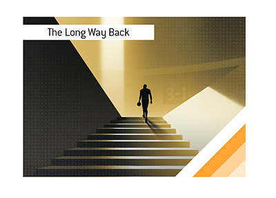NBA playoff poster showing a lone basketball player climbing illuminated stairs toward arena lights.
