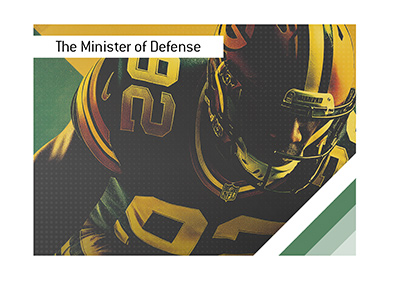 Reggie White stylized illustration in Green Bay Packers uniform, number 92, in low defensive stance.