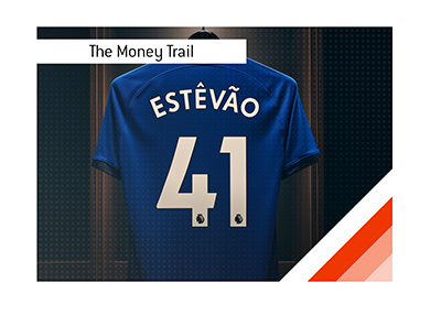 Blue Chelsea jersey bearing the name Estevao and number 41 displayed in a dark locker room.