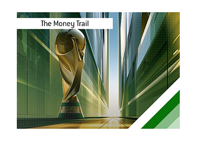 World Cup trophy standing at the end of a golden pathway between towering financial data walls.