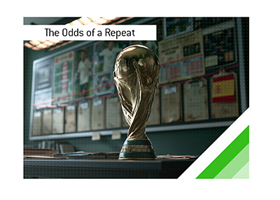 FIFA World Cup Trophy displayed in front of a research board tracking title-defense odds, with Spain
