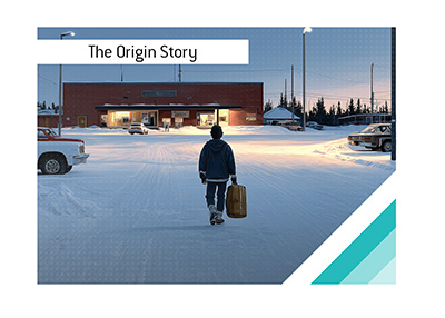 Young Wayne Gretzky carrying a hockey bag through a small Canadian town on an early morning.