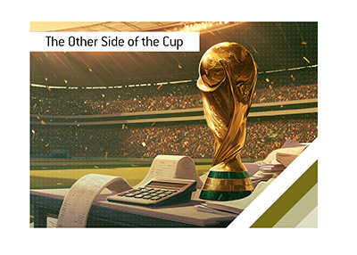 FIFA World Cup Trophy displayed beside a calculator and stacks of receipts in a packed football stadium.