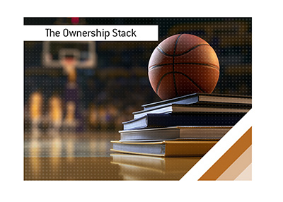 Basketball resting on a stack of financing binders beside a professional arena court.