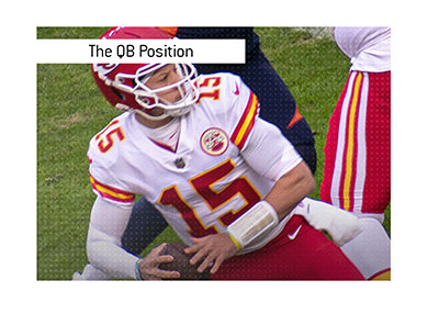 Kansas City Chiefs and the QB positions. In photo: Patrick Mahomes throwing the ball.