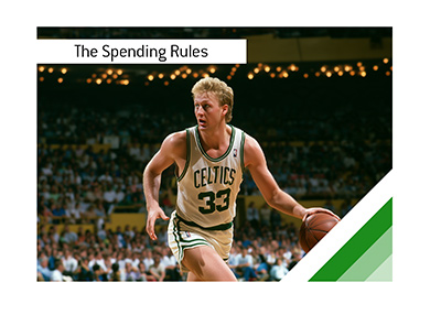Larry Bird controlling the ball for the Celtics. The Bird exception allows teams to exceed the NBA cap to retain qualifying players.