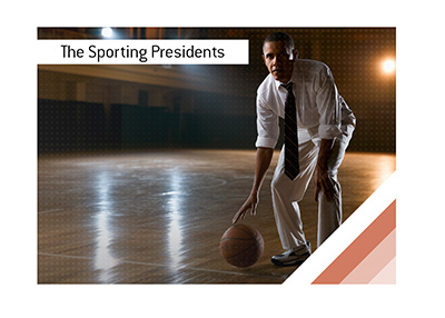 Barack Obama dribbling a basketball on an indoor court.