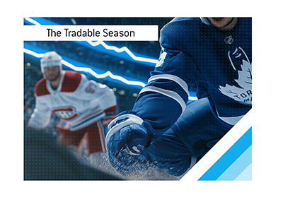 Toronto Maple Leafs player skating against Montreal beneath arena lights resembling a financial market chart.