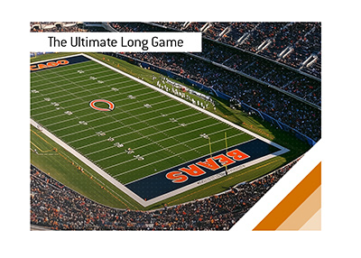 Bird-eye view of the Chicago Bears field with the wishbone-C logo and navy end zones.