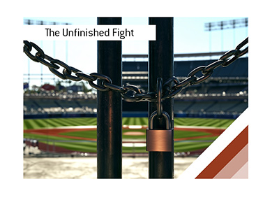 Illustration of a chained and padlocked stadium gate with an empty baseball diamond beyond it.