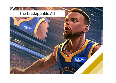 Stephen Curry wearing a Warriors jersey with a Rakuten sponsor patch beneath a giant arena screen.