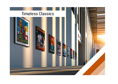 Sunlit corridor displaying framed posters representing iconic FIFA World Cup finals from different eras.