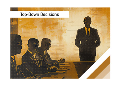 NFL draft war room poster showing a standing owner overriding seated staff looking down in quiet disagreement.