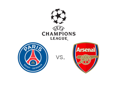 The UEFA Champions League matchup - Paris Saint Germain vs. Arsenal FC - Team and tournament logos