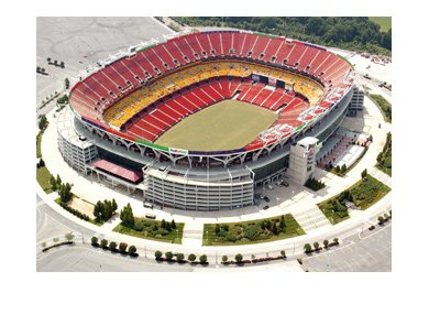 The FedEx Field - Home of the Washington Redskins - Areal view photo.  Empty stands and parking lot.