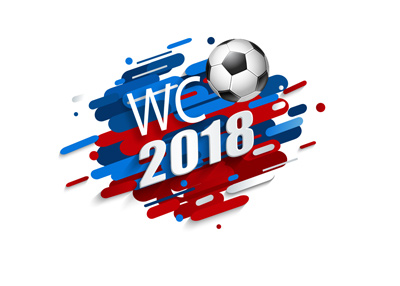 The WC 2108 text over blue, red and white design background - Football.