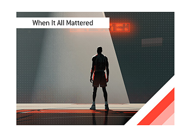 Basketball player standing alone under arena spotlight before a Game 7 playoff moment, symbolizing pressure, legacy, and Michael Jordan-era intensity.