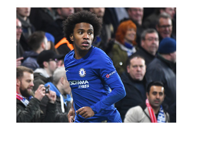 Chelsea FC midfielder / right winger, Willian, in action for the Blues.  The year is 2017.