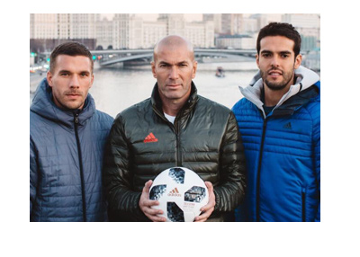 Lukas Podolski, Zinadine Zidane and Kaka present the 2018 FIFA World Cup ball called Telstar18.