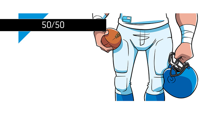 The meaning of the term 50/50 when it comes to fantasy sports.  American football player body illustrated.