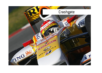 In photo:  Fernando Alonso in his Renault F1 car.  The meaning of the term Crashgate is explained.  A scandal at the Singapore Grand Pirx 2008.