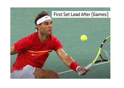 The meaning of the term First Set Lead After Games when it comes to the sport of tennis is explained, with example provided.  In photo:  Rafael Nadal reaching for the ball.