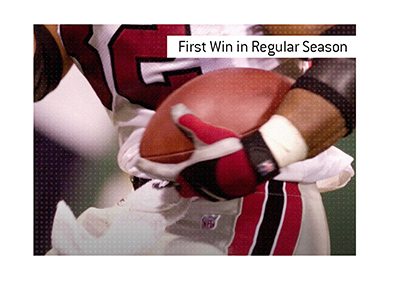 The meaning of the betting term First Win in Regular Season is explained.  In photo:  Atlanta Falcons player holding the ball.