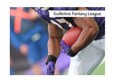 Baltimore Ravens football player with the ball.  The meaning of Guillotine Fantasy League is explained.