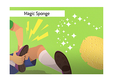 The meaning of the term magic sponge in the game of football.  What is it.  What is the humor behind it? - Illustration.