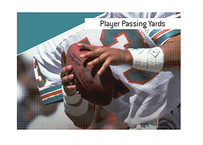 In photo: Dan Marino of the Miami Dolphins is scanning the field before throwing the ball.  The meaning of the betting term Player Passing Yards Milestones is explained.