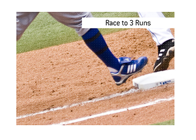 The meaning of the sports betting term Race to 3 Runs is explained.  In photo:  A player running onto a base.