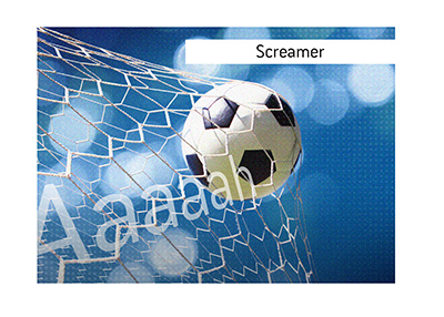 The illustration of a screamer goal in the sport of football / soccer.  The ball is hitting the net at a great speed.