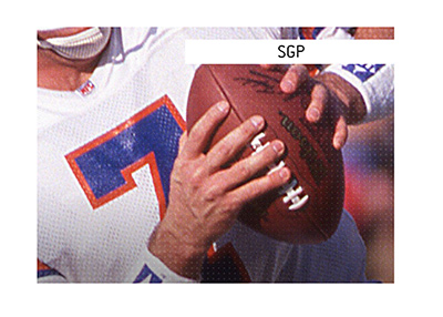 In photo: Denver Broncos player with the ball.  The meaning of the term SGP is explained.  Same Game Parlay.