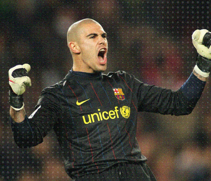 Barcelona FC and Spain national goalkeeper, Victor Valdes, in action as a sweeper keeper for his club.